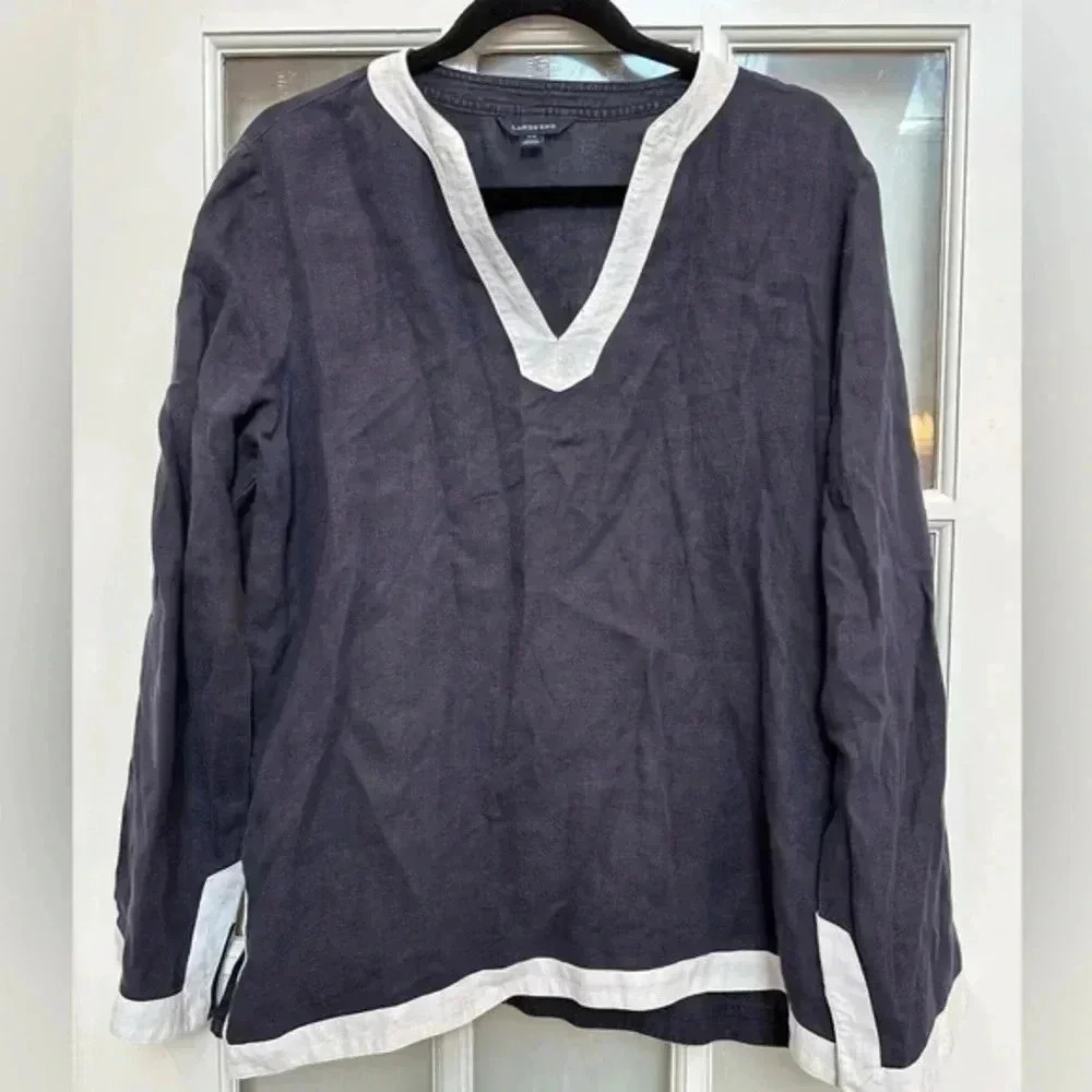 Lands’ End Navy & White 100% Linen Long Sleeve Blouse Size Large Petite LP 14 16